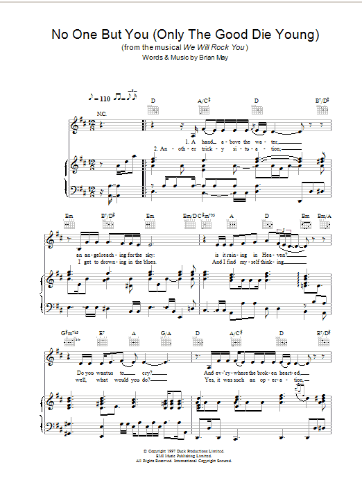 We Will Rock You No One But You (Only The Good Die Young) sheet music notes and chords arranged for Piano, Vocal & Guitar Chords