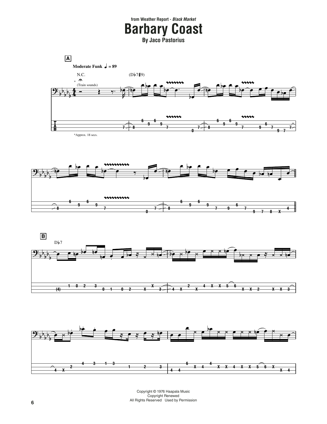 Weather Report Barbary Coast sheet music notes and chords arranged for Bass Guitar Tab