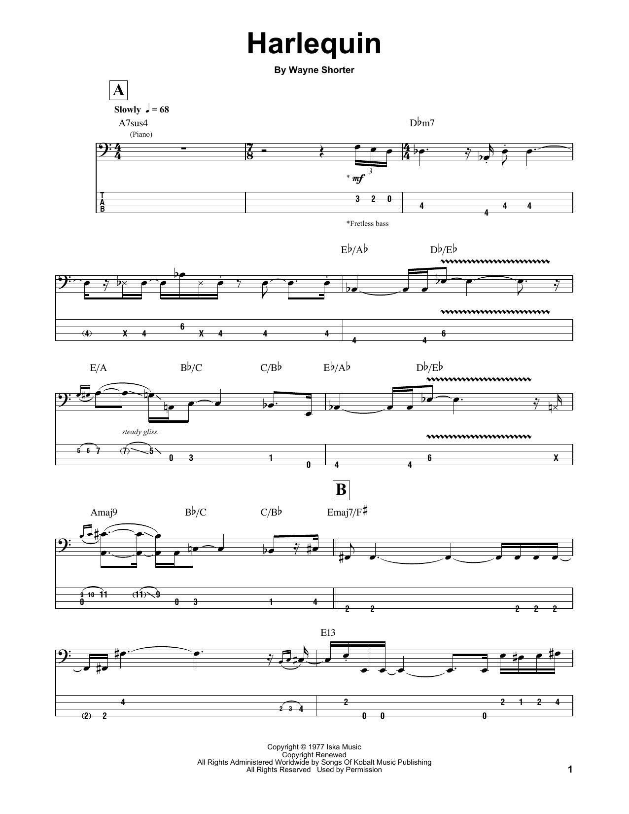 Wayne Shorter Harlequin sheet music notes and chords arranged for Bass Guitar Tab