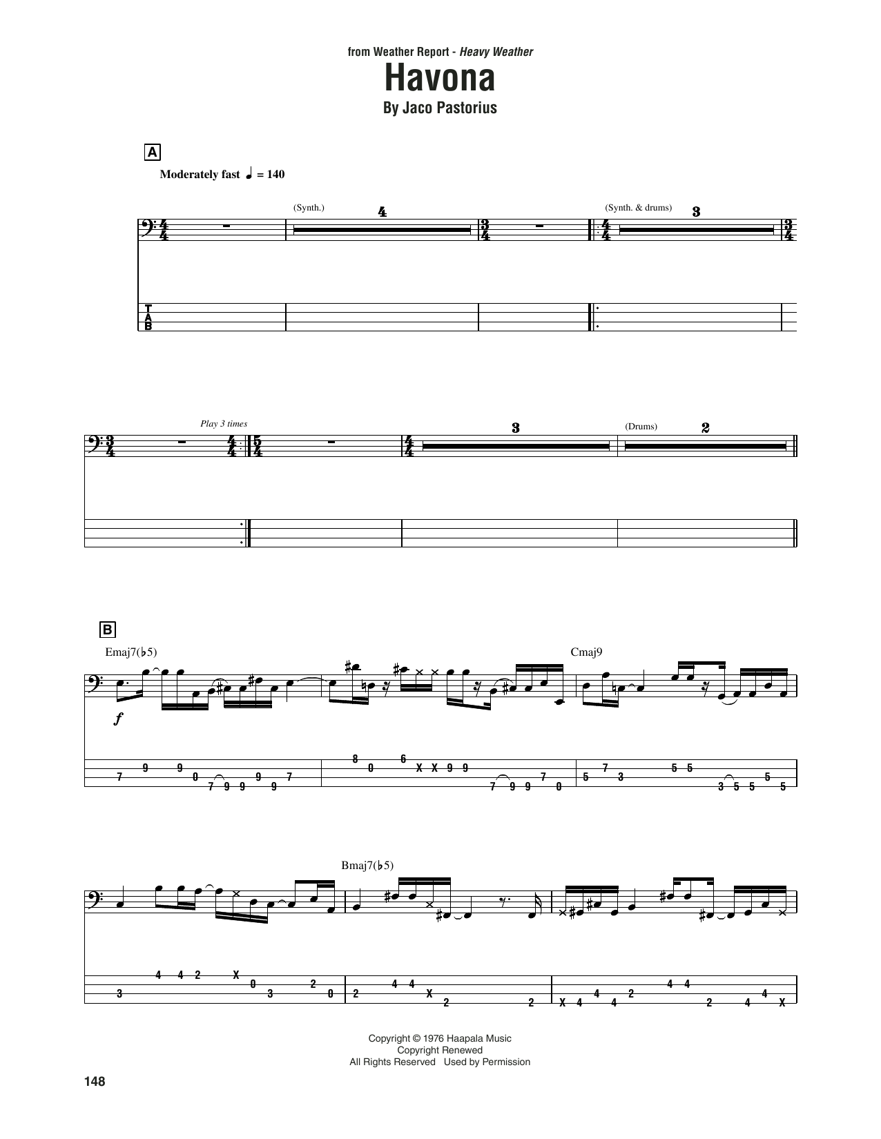 Weather Report Havona sheet music notes and chords arranged for Bass Guitar Tab