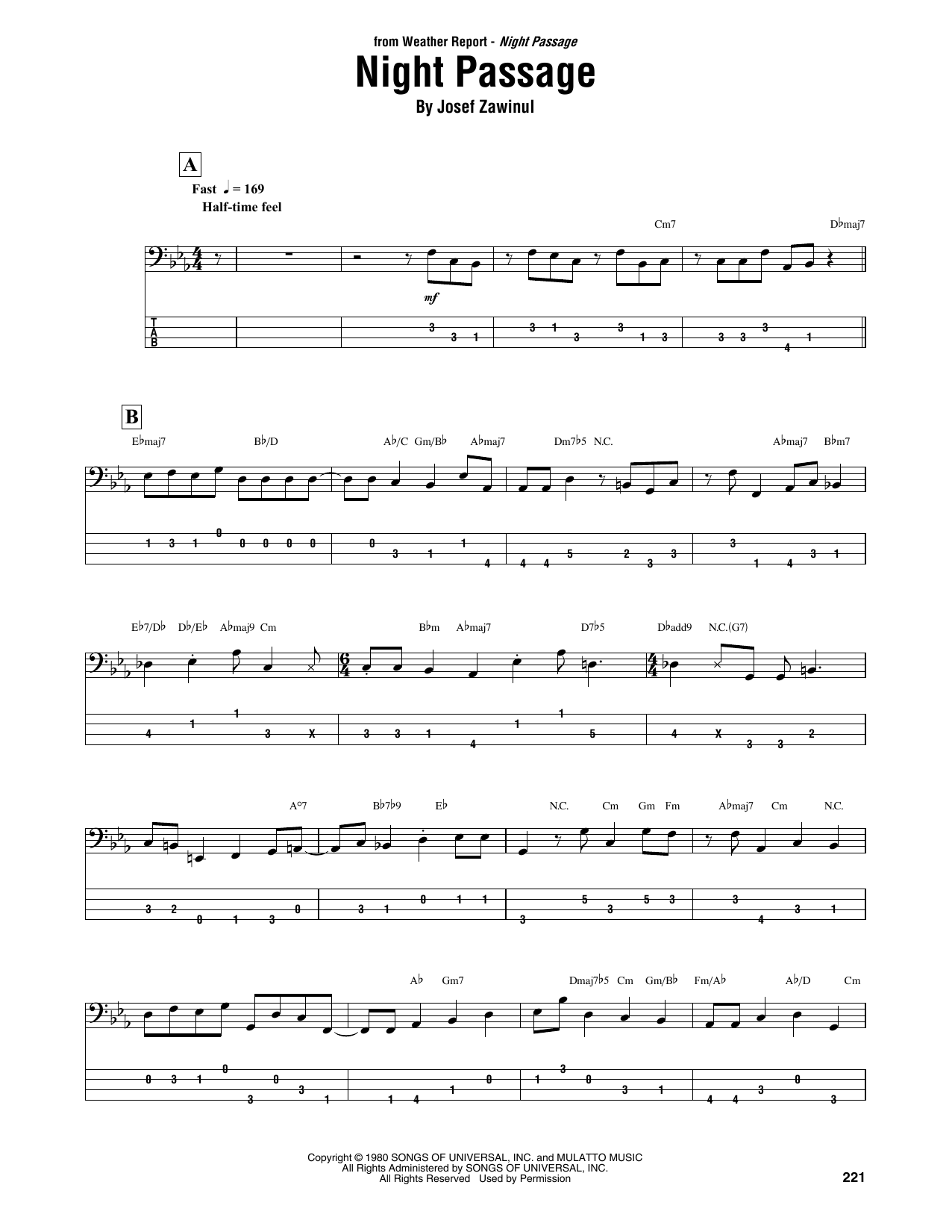 Weather Report Night Passage sheet music notes and chords arranged for Bass Guitar Tab