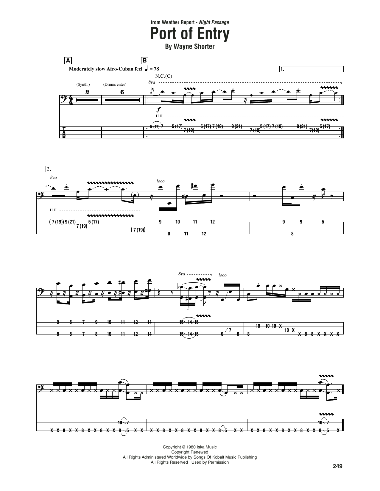 Weather Report Port Of Entry sheet music notes and chords arranged for Bass Guitar Tab