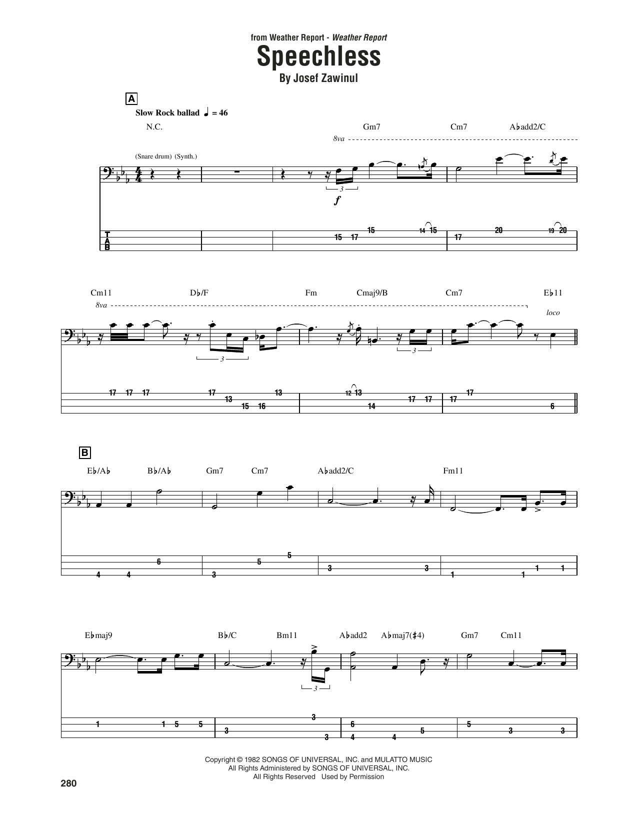 Weather Report Speechless sheet music notes and chords arranged for Bass Guitar Tab