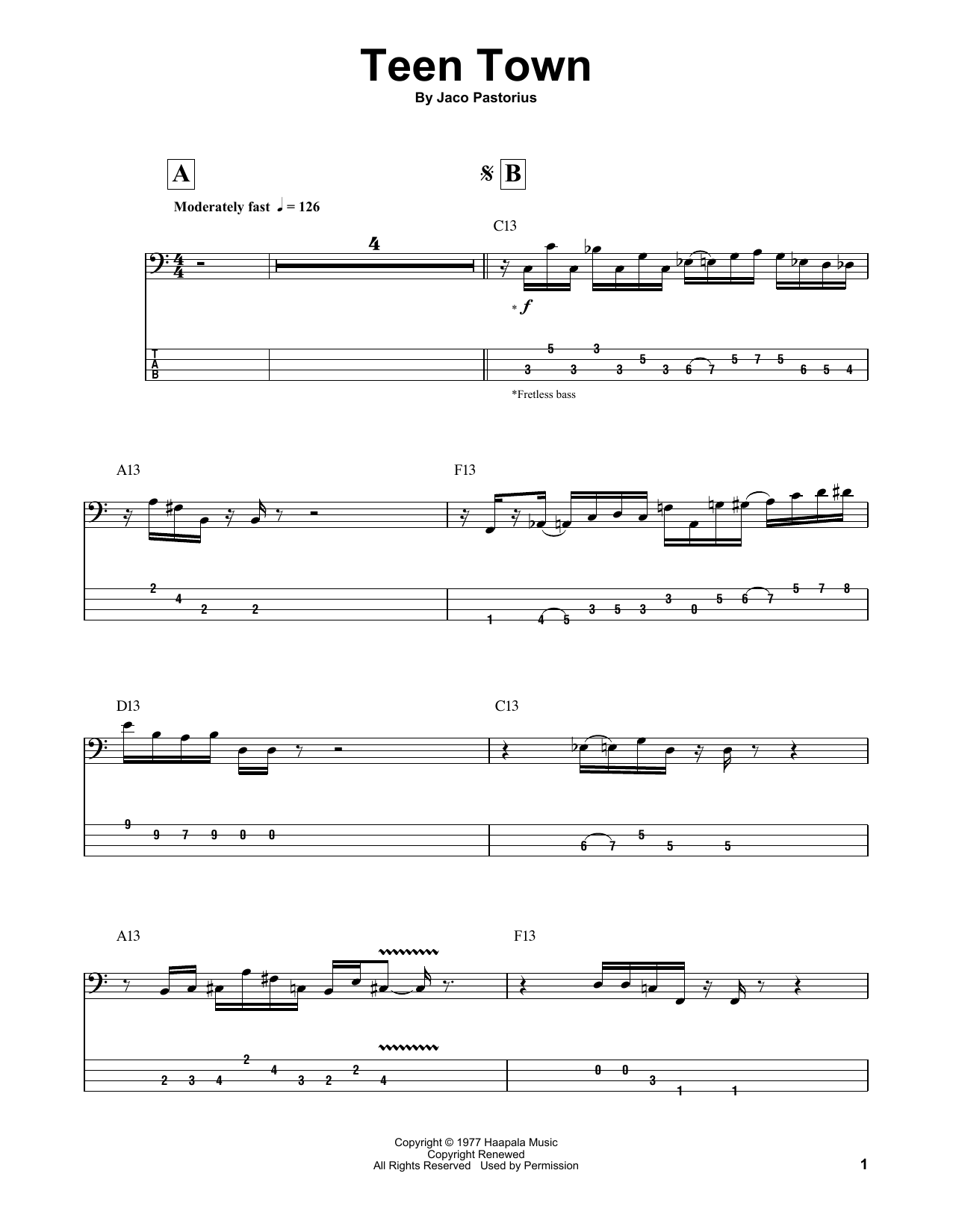 Jaco Pastorius Teen Town sheet music notes and chords arranged for Bass Guitar Tab