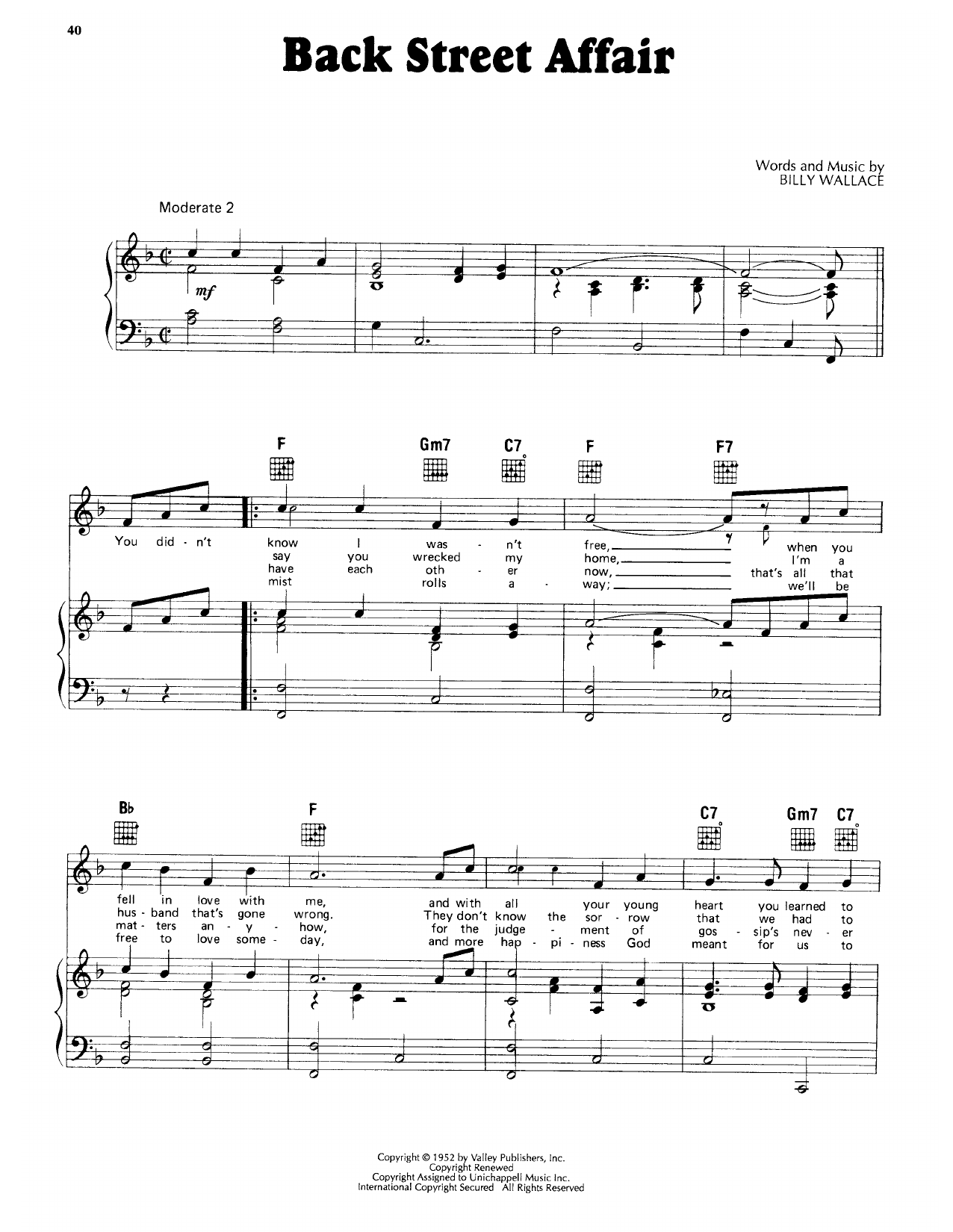 Webb Pierce Back Street Affair sheet music notes and chords arranged for Piano, Vocal & Guitar Chords (Right-Hand Melody)