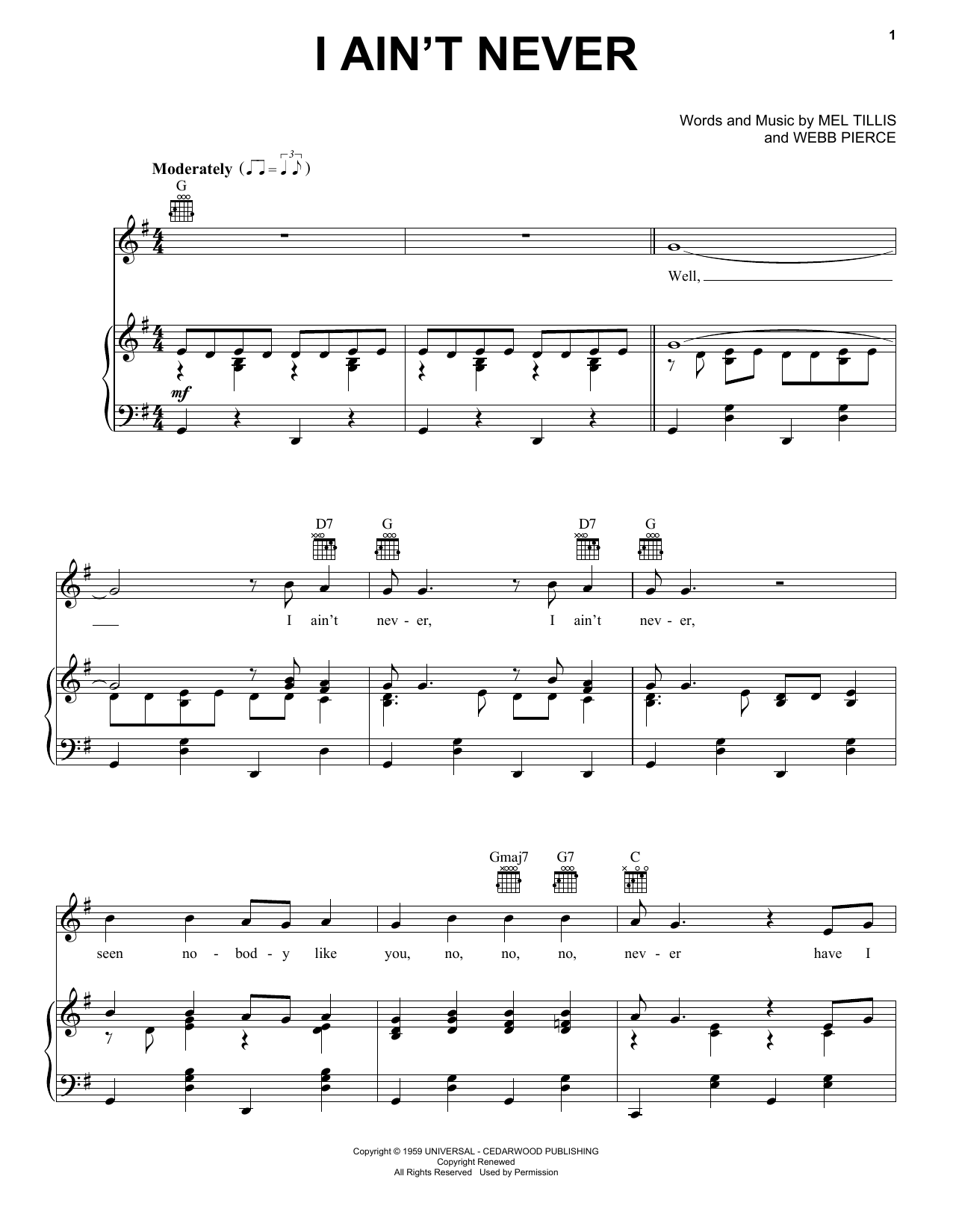 Webb Pierce I Ain't Never sheet music notes and chords arranged for Piano, Vocal & Guitar Chords