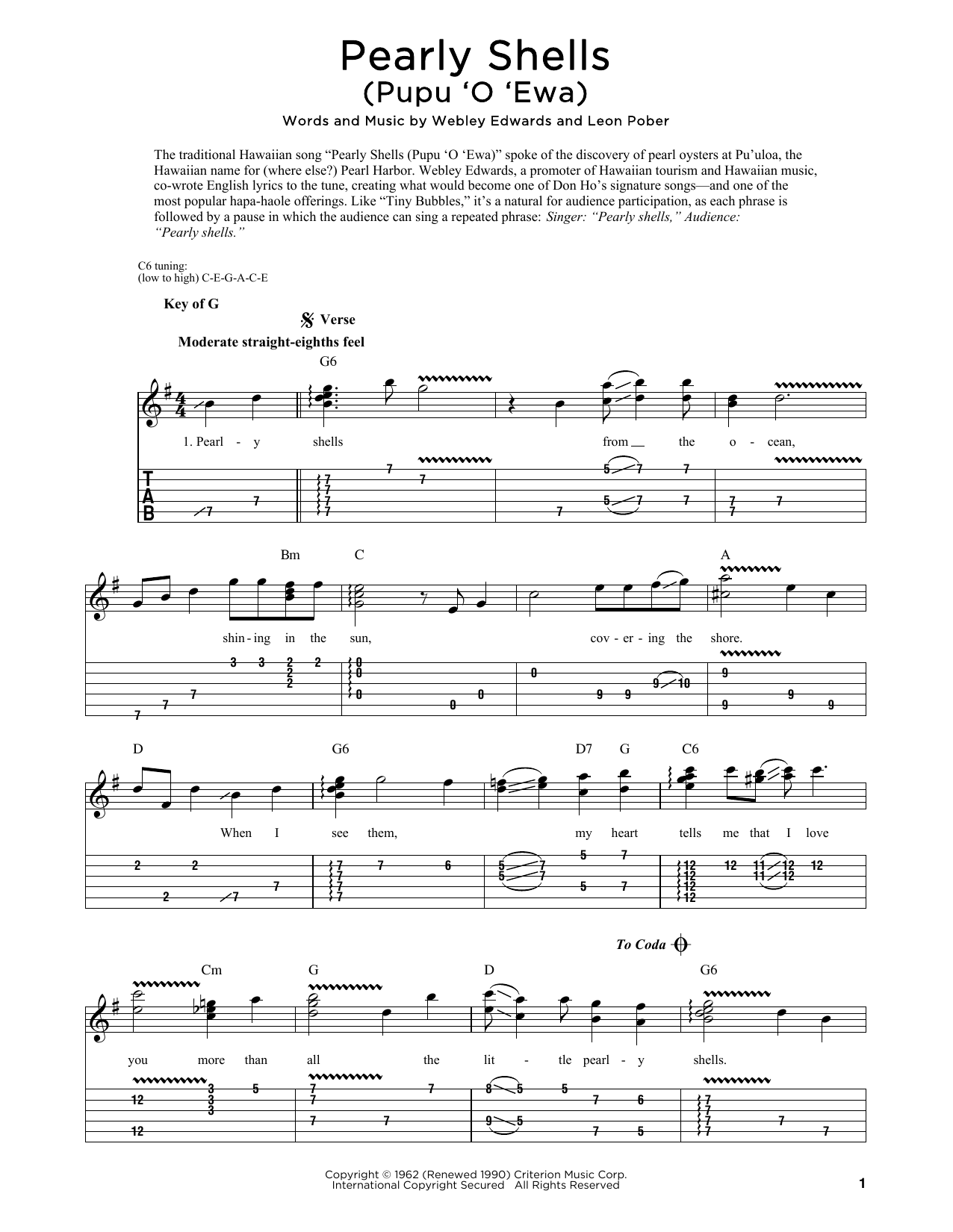 Webley Edwards Pearly Shells (Pupu O Ewa) (arr. Fred Sokolow) sheet music notes and chords arranged for Dobro