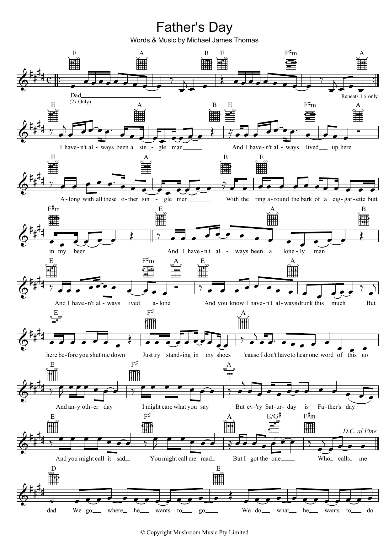 Weddings Parties Anything Father's Day sheet music notes and chords arranged for Piano, Vocal & Guitar Chords (Right-Hand Melody)