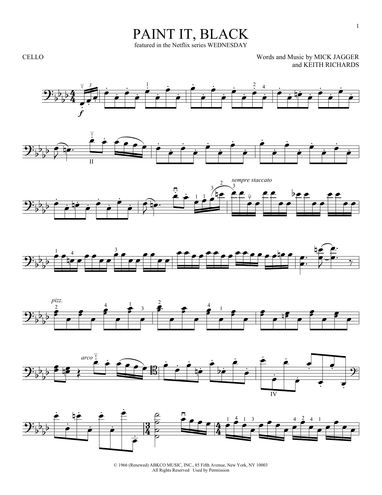 Wednesday Addams Paint It, Black (from Wednesday) sheet music notes and chords arranged for Cello Solo