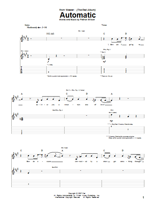 Weezer Automatic sheet music notes and chords arranged for Guitar Tab