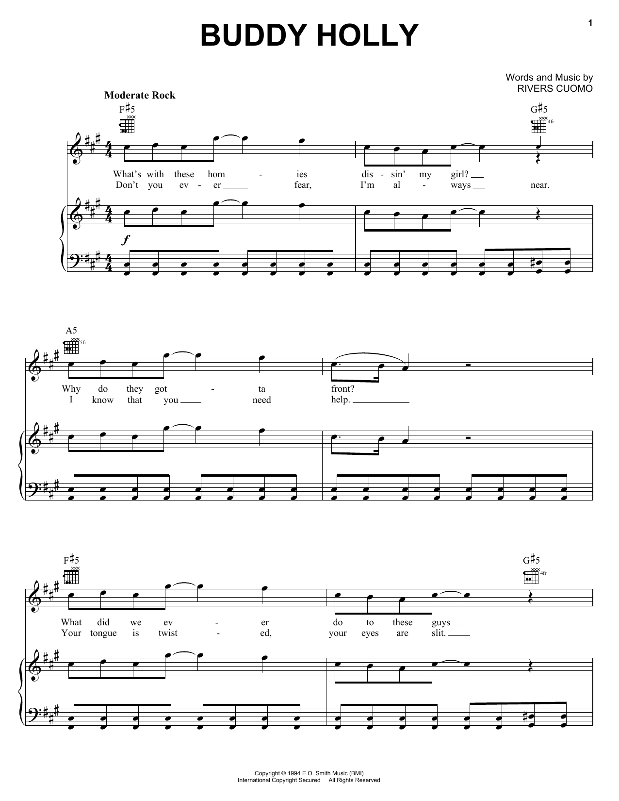 Weezer Buddy Holly sheet music notes and chords arranged for Piano, Vocal & Guitar Chords (Right-Hand Melody)