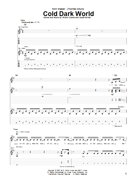 Weezer Cold Dark World sheet music notes and chords arranged for Guitar Tab