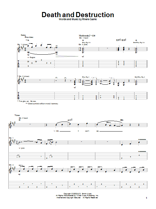 Weezer Death And Destruction sheet music notes and chords arranged for Guitar Tab