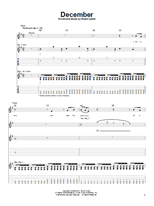 Weezer December sheet music notes and chords arranged for Guitar Tab