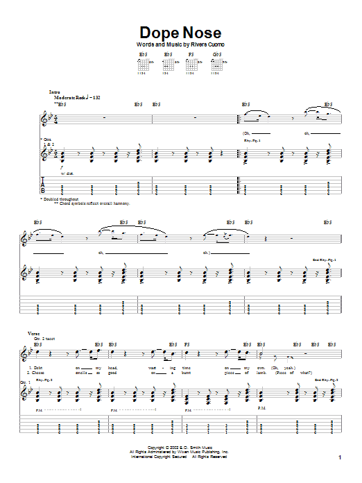 Weezer Dope Nose sheet music notes and chords arranged for Guitar Tab
