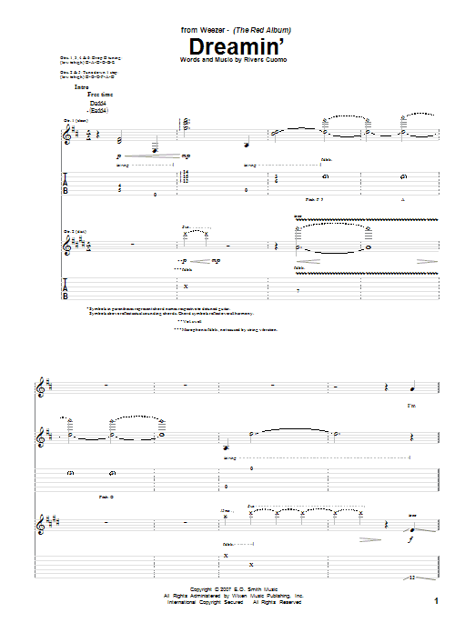 Weezer Dreamin' sheet music notes and chords arranged for Guitar Tab