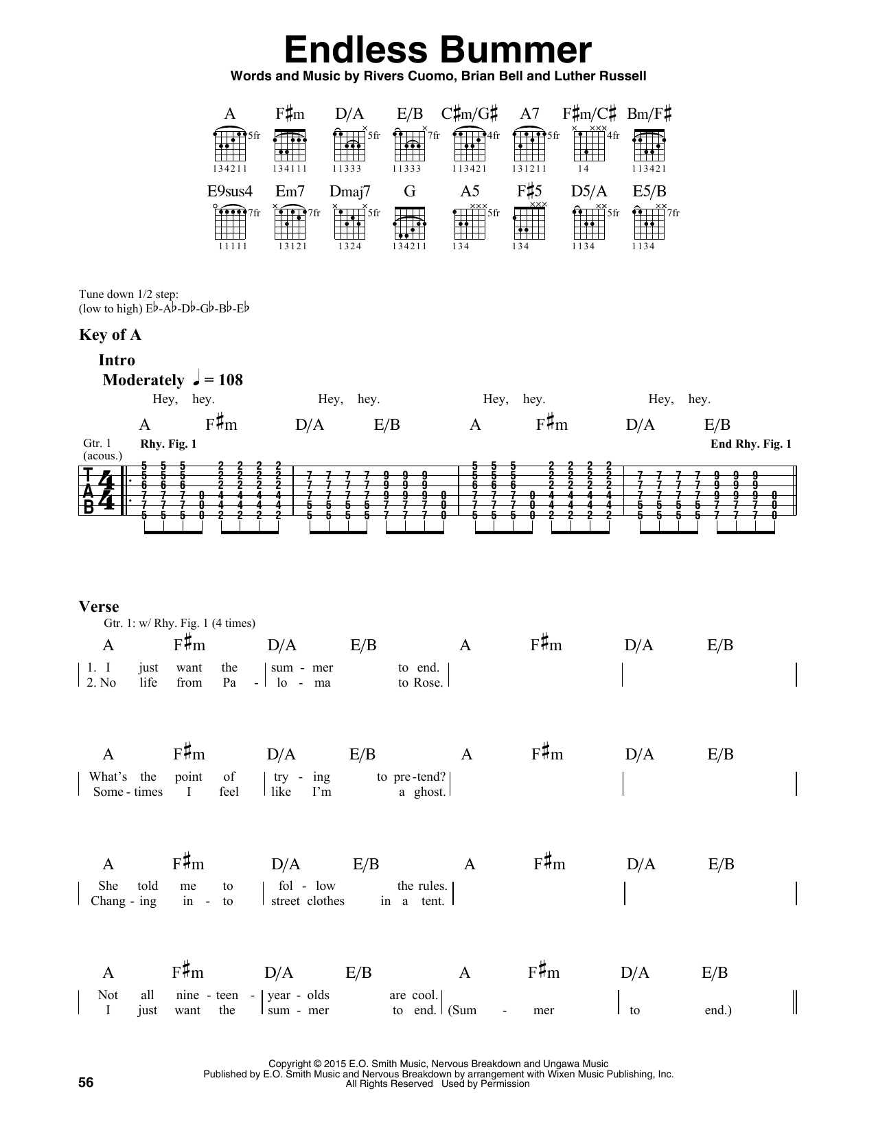 Weezer Endless Bummer sheet music notes and chords arranged for Guitar Lead Sheet
