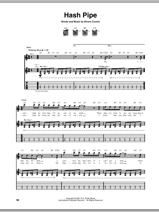 Weezer Hash Pipe sheet music notes and chords arranged for Bass Guitar Tab