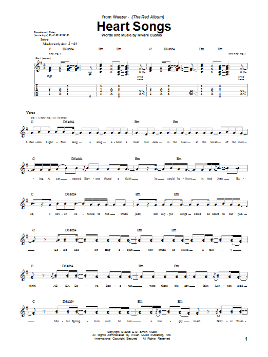 Weezer Heart Songs sheet music notes and chords arranged for Guitar Tab