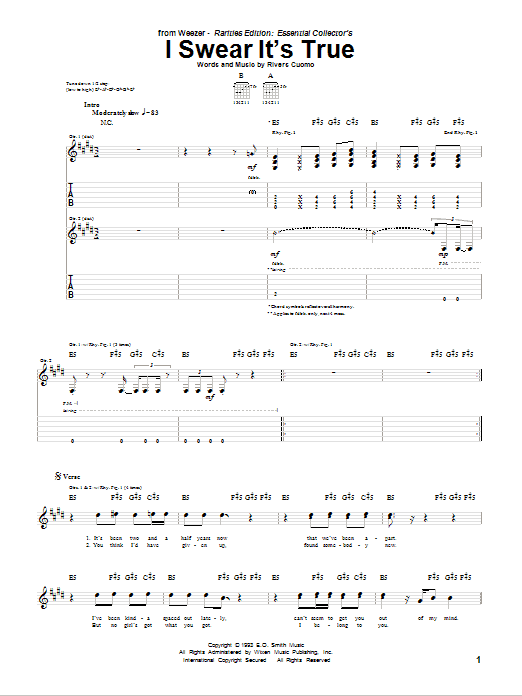 Weezer I Swear It's True sheet music notes and chords arranged for Guitar Tab