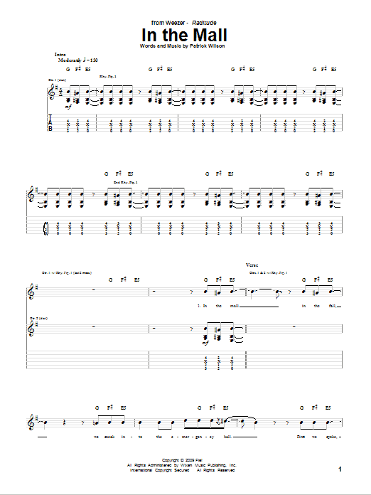 Weezer In The Mall sheet music notes and chords arranged for Guitar Tab