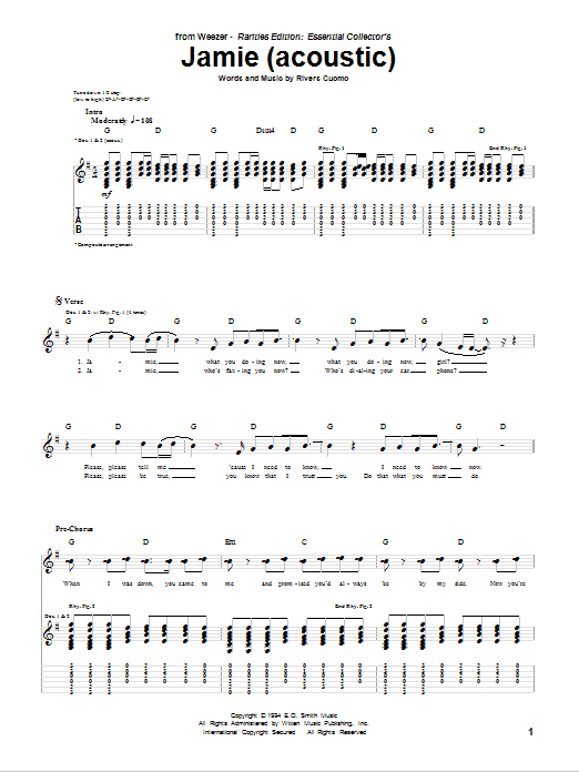 Weezer Jamie (Acoustic Version) sheet music notes and chords arranged for Guitar Tab