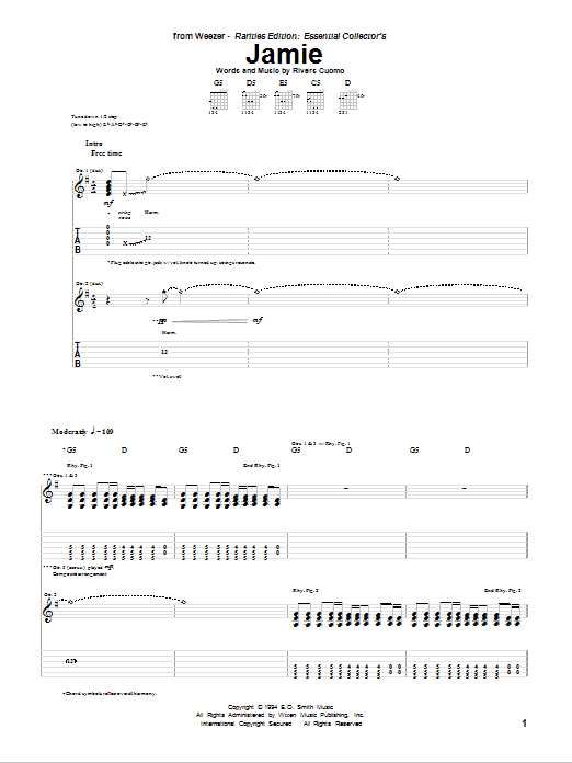 Weezer Jamie sheet music notes and chords arranged for Guitar Tab