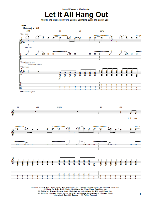 Weezer Let It All Hang Out sheet music notes and chords arranged for Guitar Tab