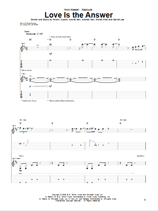 Weezer Love Is The Answer sheet music notes and chords arranged for Guitar Tab