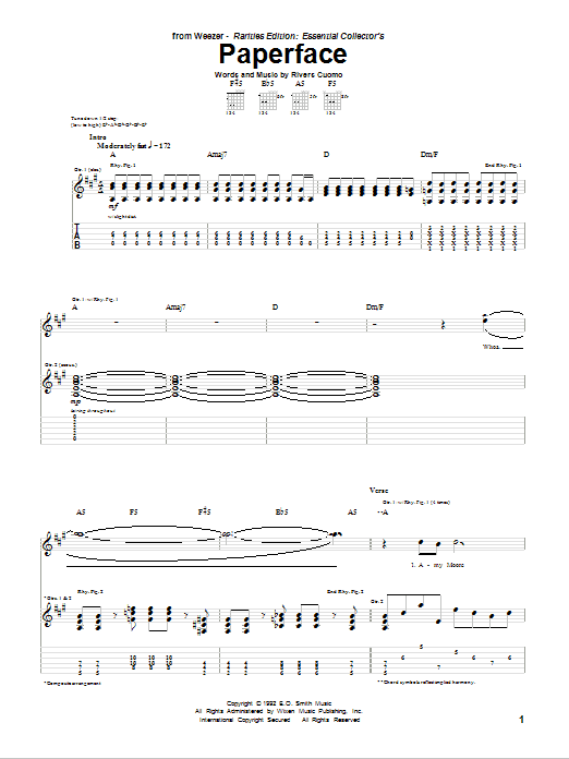 Weezer Paperface sheet music notes and chords arranged for Guitar Tab