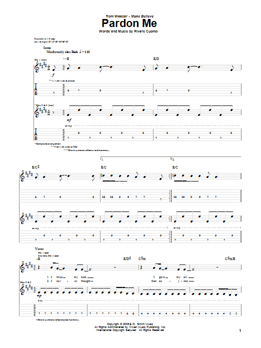 Weezer Pardon Me sheet music notes and chords arranged for Guitar Tab
