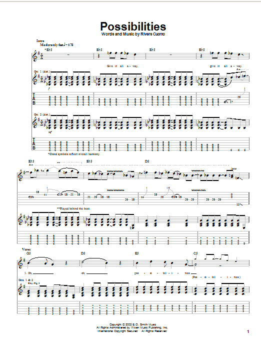 Weezer Possibilities sheet music notes and chords arranged for Guitar Tab