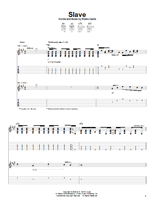 Weezer Slave sheet music notes and chords arranged for Guitar Tab