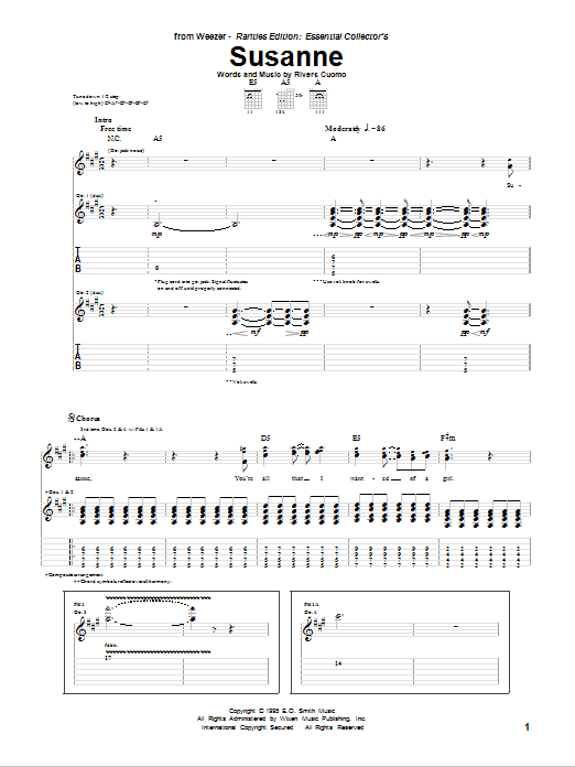 Weezer Susanne sheet music notes and chords arranged for Guitar Tab