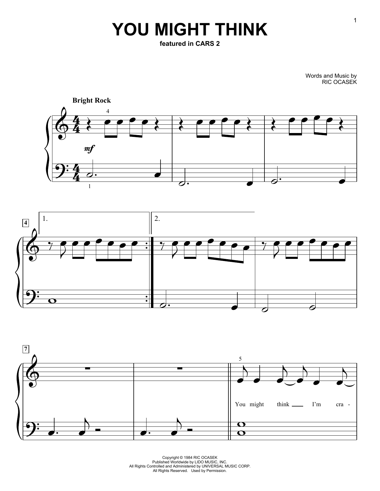 Weezer You Might Think (from Cars 2) sheet music notes and chords arranged for Big Note Piano
