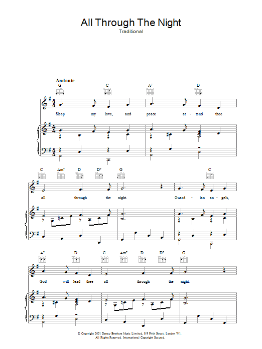 Welsh Folksong All Through The Night (Chorus Only) sheet music notes and chords arranged for Piano, Vocal & Guitar Chords