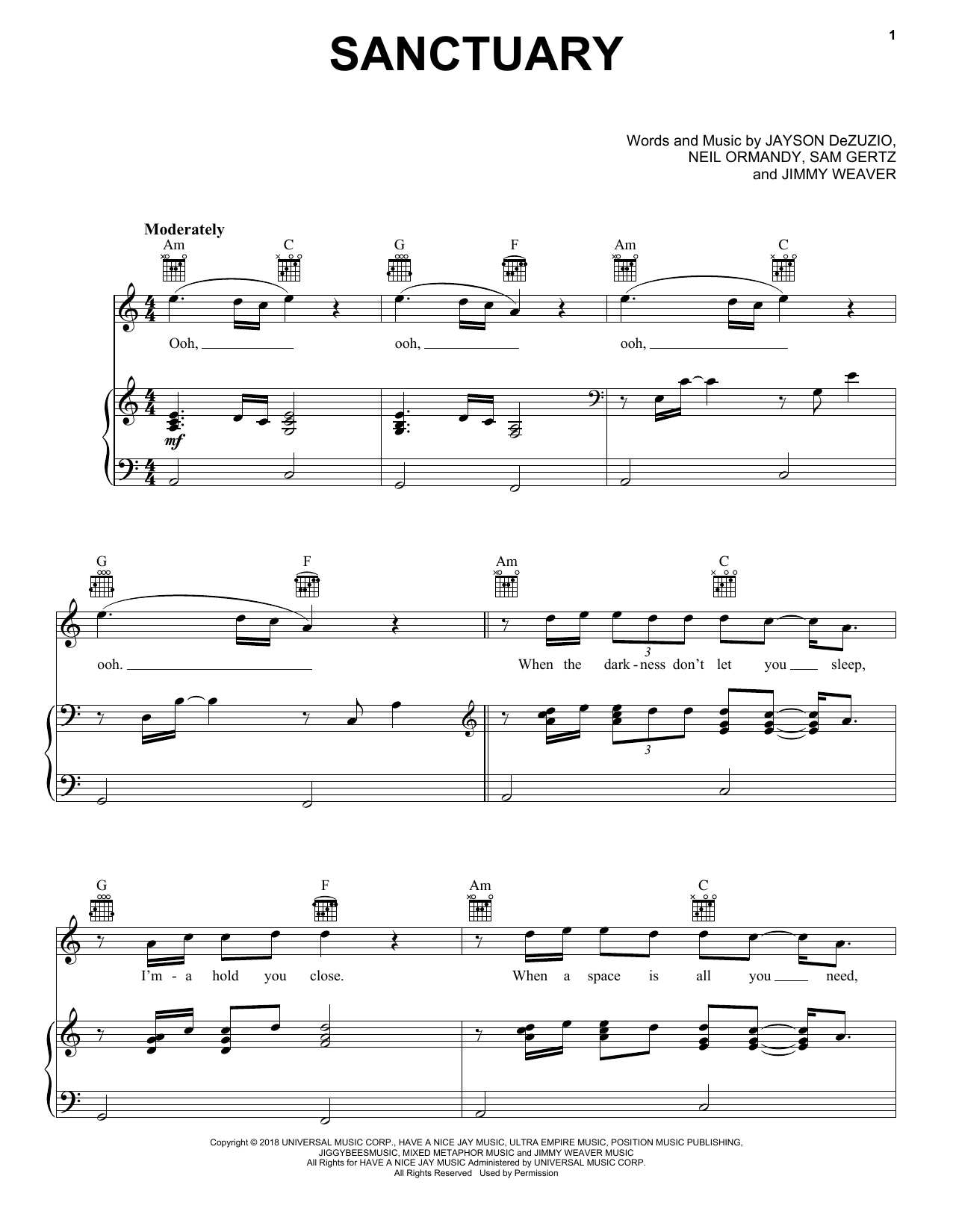 Welshly Arms Sanctuary sheet music notes and chords arranged for Piano, Vocal & Guitar Chords (Right-Hand Melody)