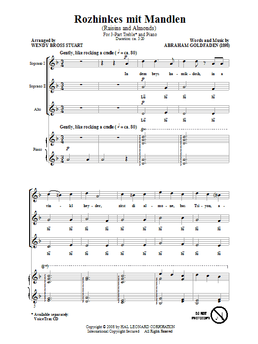 Wendy Bross Stuart Rozhinkes Mit Mandlen (Raisins And Almonds) sheet music notes and chords arranged for 3-Part Treble Choir