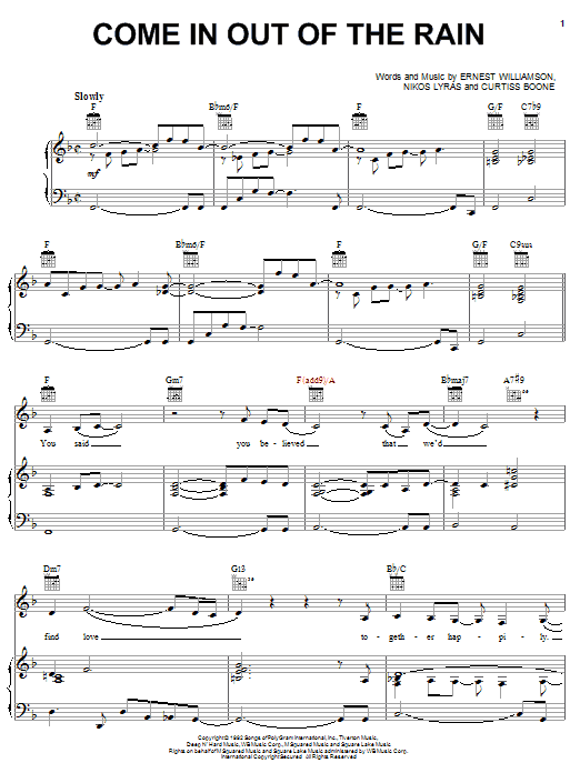 Wendy Moten Come In Out Of The Rain sheet music notes and chords arranged for Piano, Vocal & Guitar Chords (Right-Hand Melody)