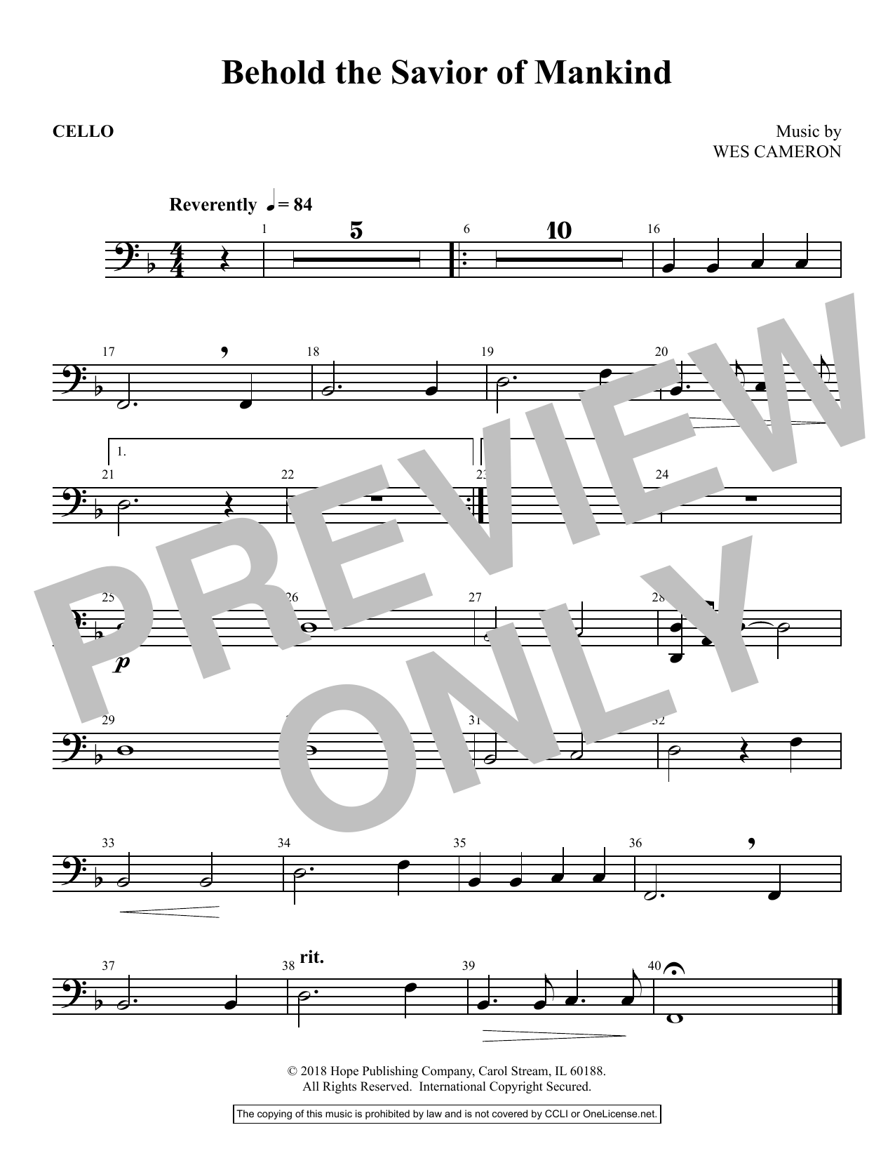 Wes Cameron Behold the Savior of Mankind - Cello sheet music notes and chords arranged for Choir Instrumental Pak