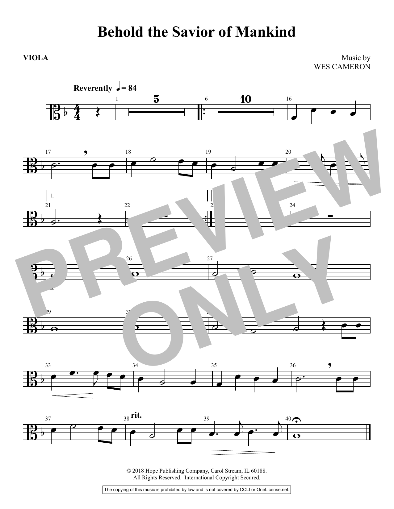 Wes Cameron Behold the Savior of Mankind - Viola sheet music notes and chords arranged for Choir Instrumental Pak