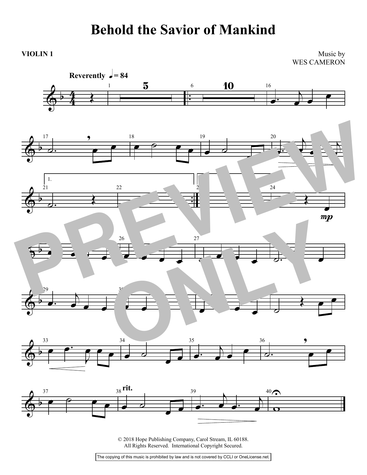 Wes Cameron Behold the Savior of Mankind - Violin 1 sheet music notes and chords arranged for Choir Instrumental Pak