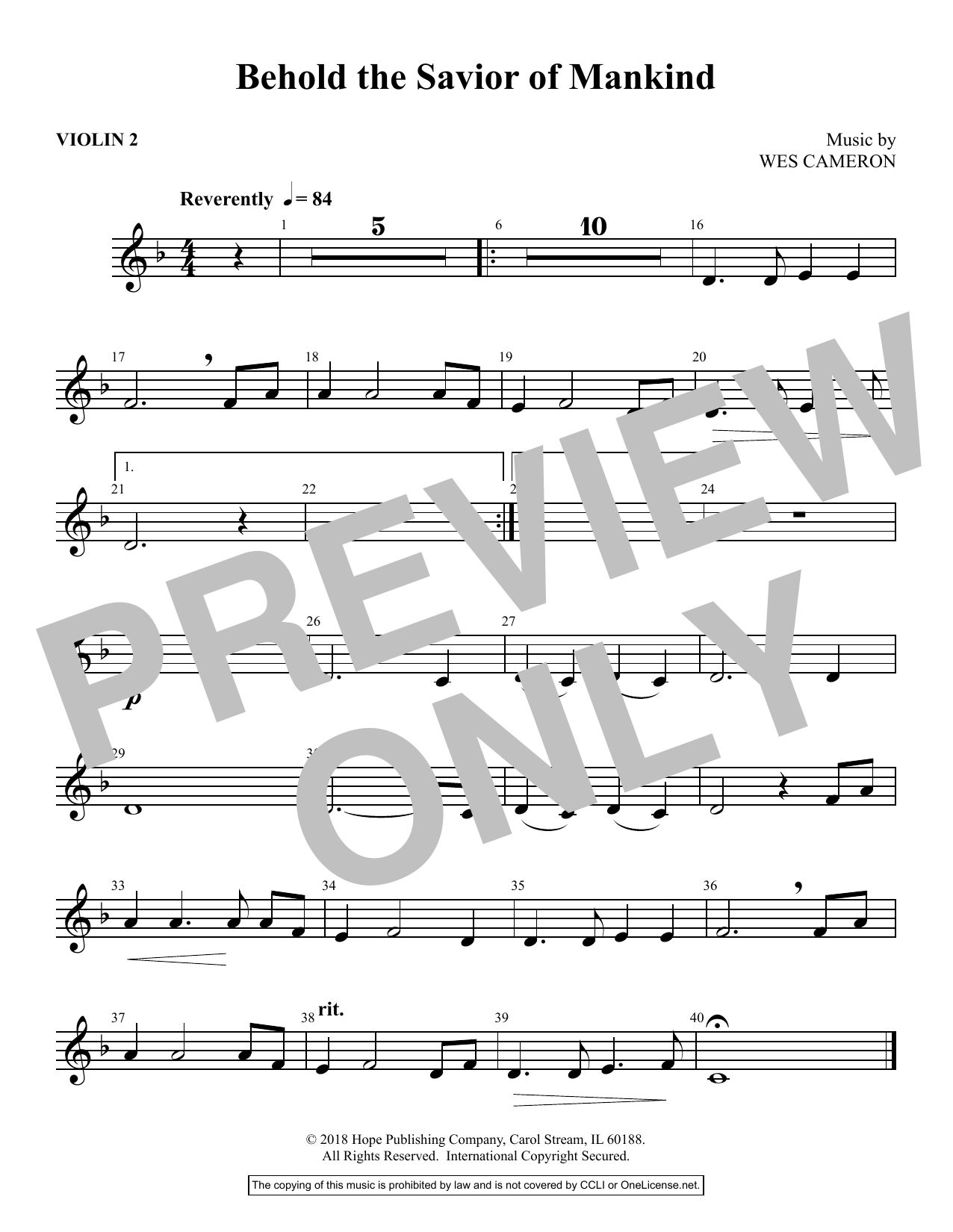 Wes Cameron Behold the Savior of Mankind - Violin 2 sheet music notes and chords arranged for Choir Instrumental Pak