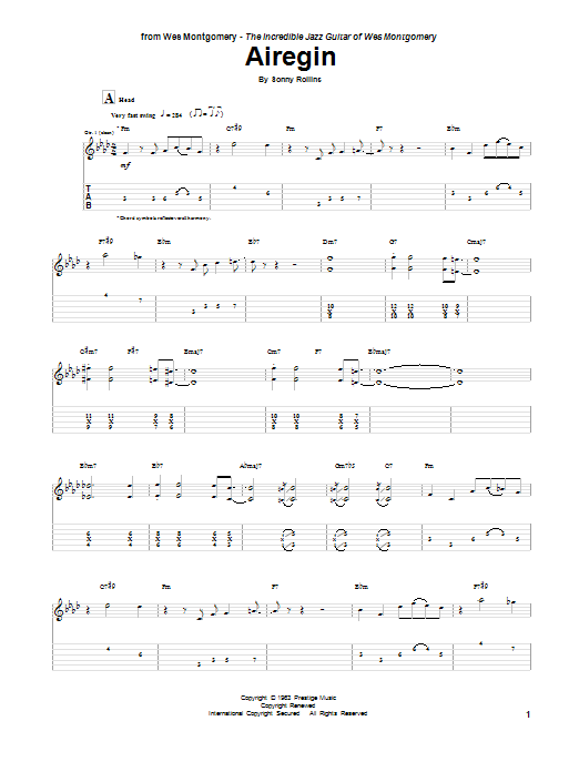 Wes Montgomery Airegin sheet music notes and chords arranged for Electric Guitar Transcription