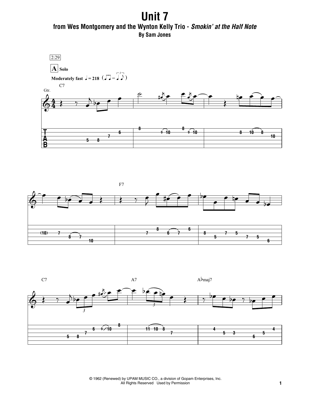 Wes Montgomery and the Wynton Kelly Trio Unit 7 sheet music notes and chords arranged for Electric Guitar Transcription