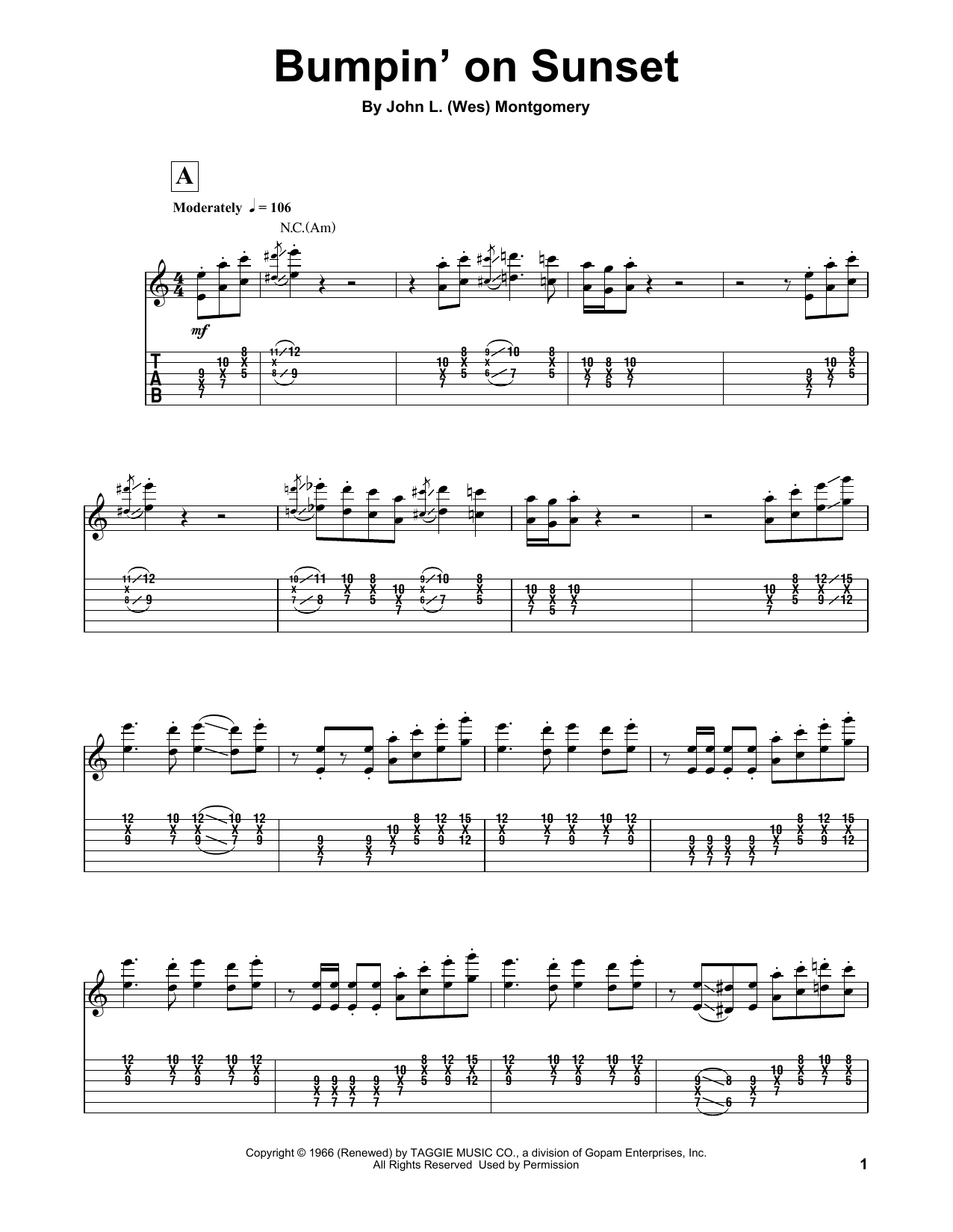 Wes Montgomery Bumpin' On Sunset sheet music notes and chords arranged for Guitar Tab (Single Guitar)