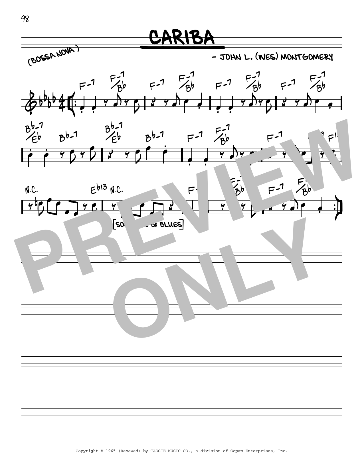 Wes Montgomery Cariba sheet music notes and chords arranged for Real Book – Melody & Chords – C Instruments