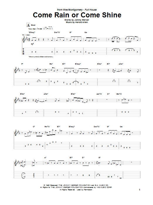 Wes Montgomery Come Rain Or Come Shine sheet music notes and chords arranged for Guitar Tab