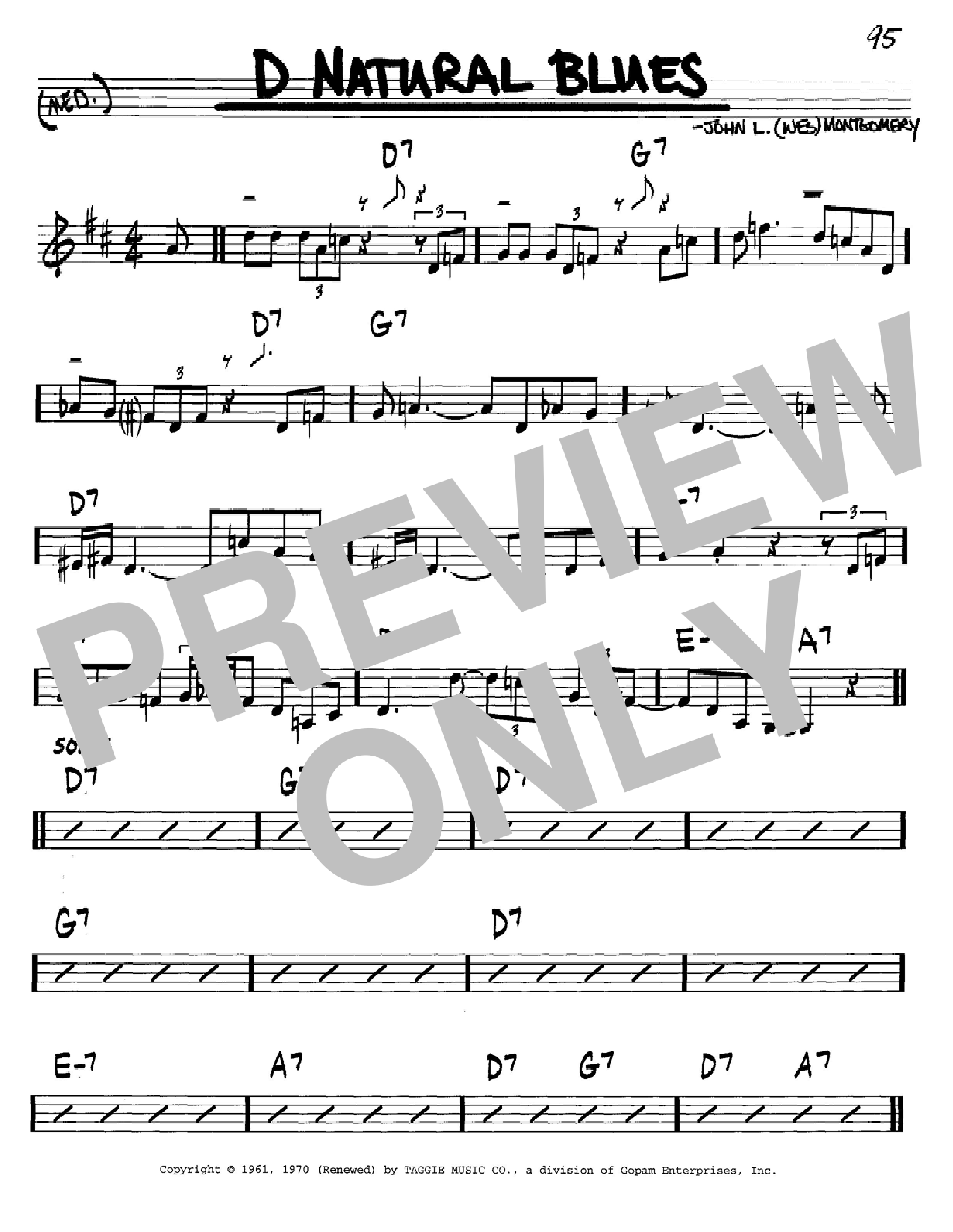 Wes Montgomery D Natural Blues sheet music notes and chords arranged for Real Book – Melody & Chords – Bb Instruments