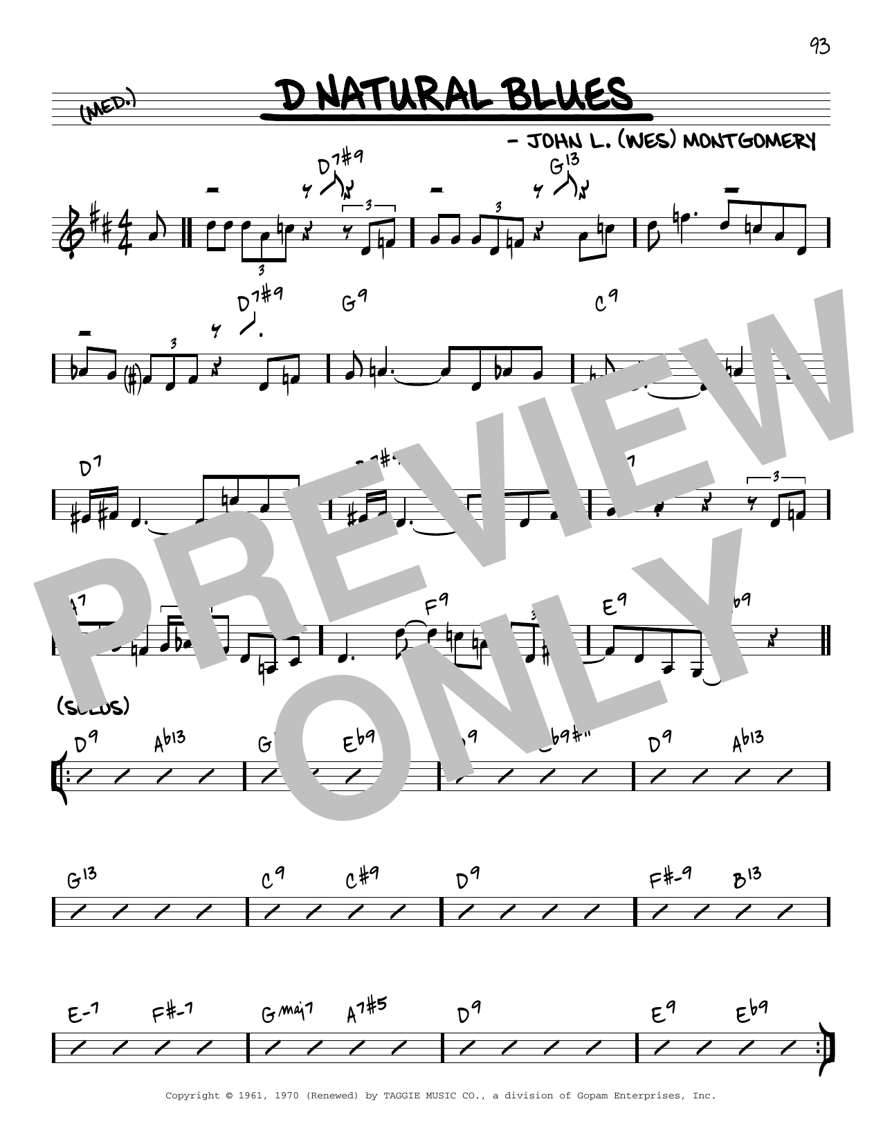 Wes Montgomery D Natural Blues [Reharmonized version] (arr. Jack Grassel) sheet music notes and chords arranged for Real Book – Melody & Chords